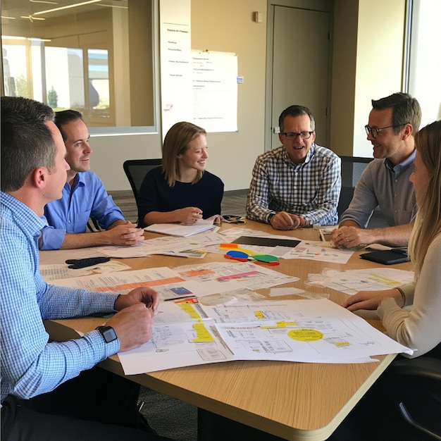 a group of people sitting around a table with papers on it