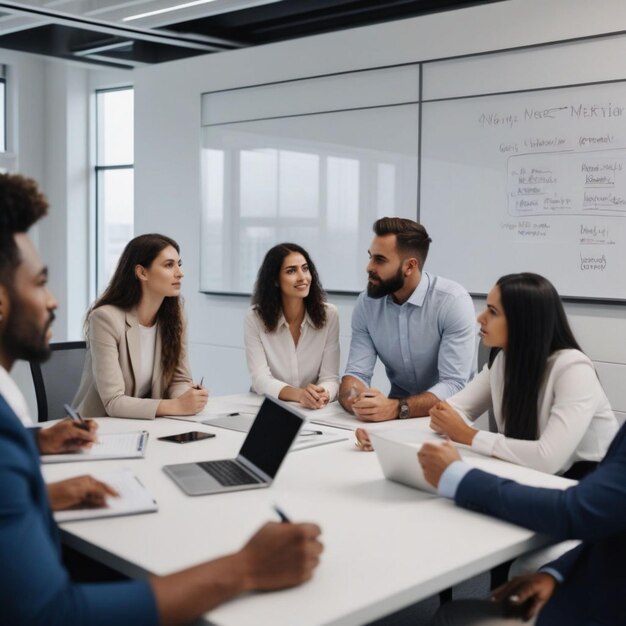 a group of people sitting around a table with a white board behind them