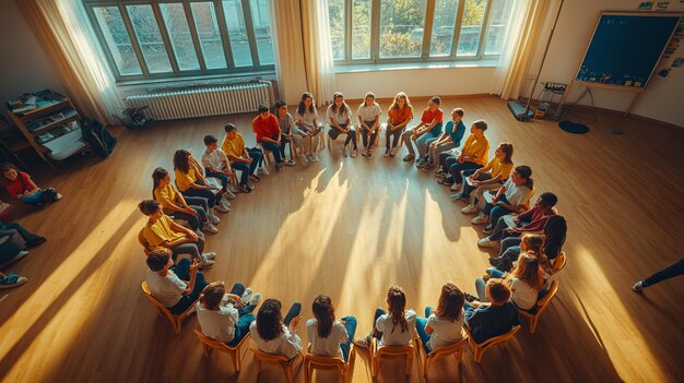 Photo a group of people sitting in a circle with a large window in the background