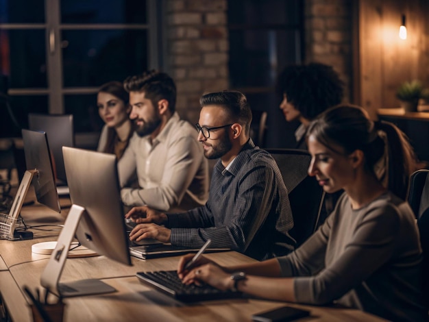 a group of people sitting at a computer with the word quot on the screen quot