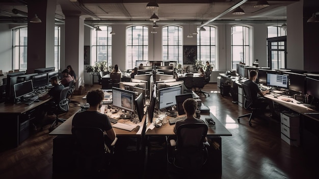 A group of people sitting at computers in a dark office.