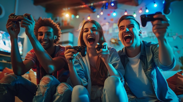 Photo a group of people sitting on a couch one of them has the word  on it