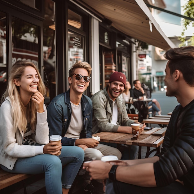 Group of People Sitting Outside of a Coffeeshop