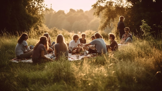 A group of people sitting on a picnic blanket in the grass, one of which says'we love it '