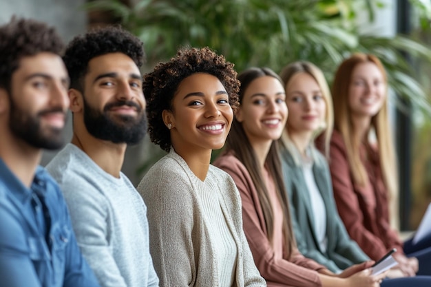 Photo a group of people sitting in a row with one wearing a sweater