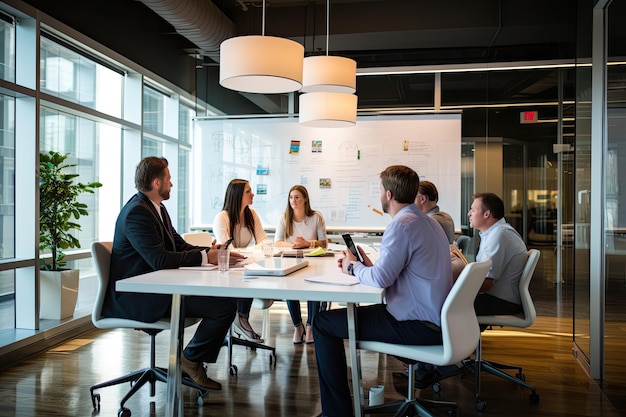 a group of people sitting at a table in an office In an office setting there is a gathering of individuals seated around a table