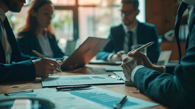 a group of people sitting at a table with a document that says  financial services