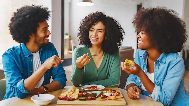 a group of people sitting at a table with food and one of them has a knife in his hand