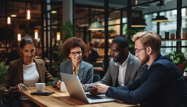 group of people sitting at a table with laptops and coffee