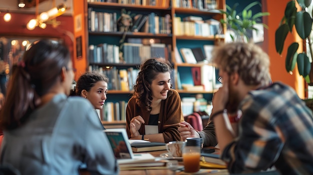 Photo a group of people sitting at a table with laptops and a man with a woman looking at them