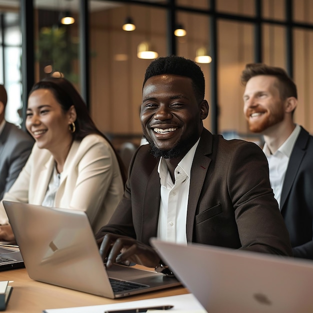 a group of people sitting at a table with laptops and one has a smile on his face