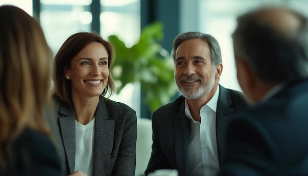 a group of people sitting at a table with one of them wearing a suit