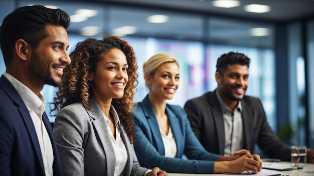 Photo a group of people sitting at a table with one wearing a suit and the other smiling