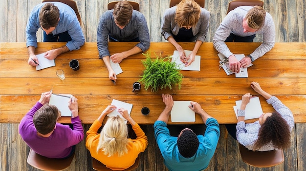 Photo a group of people sitting at a table with papers and one reading a book