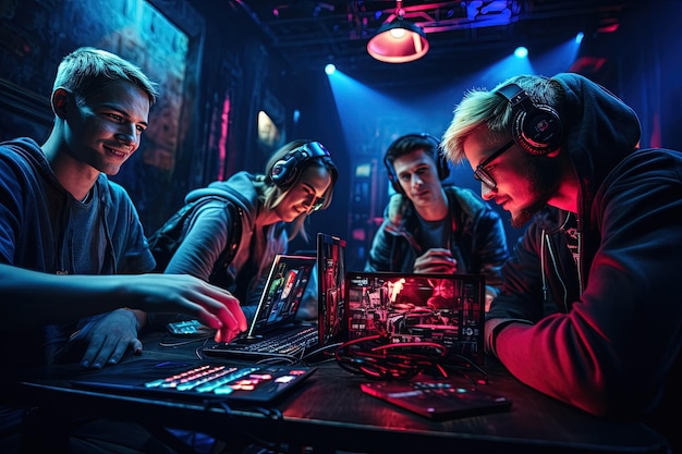 A group of people sitting at a table working on a laptop