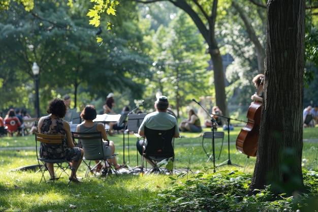 A group of people sitting on top of a lush green park