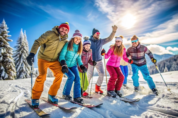 Photo a group of people on skis with the sun behind them