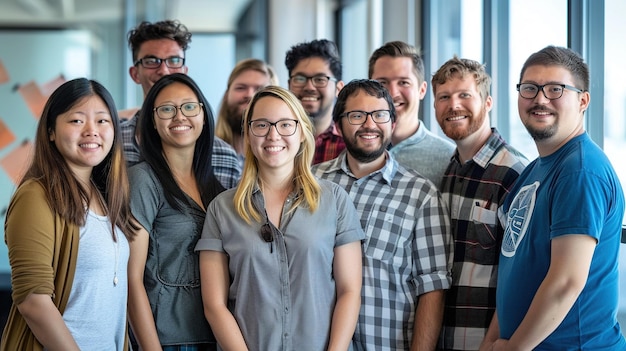 Photo group of people smiling in an office setting