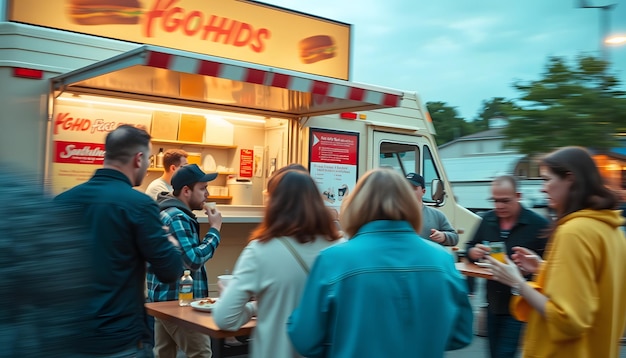 Photo group of people socializing while eating outdoor in front of modified truck for fast food isolated