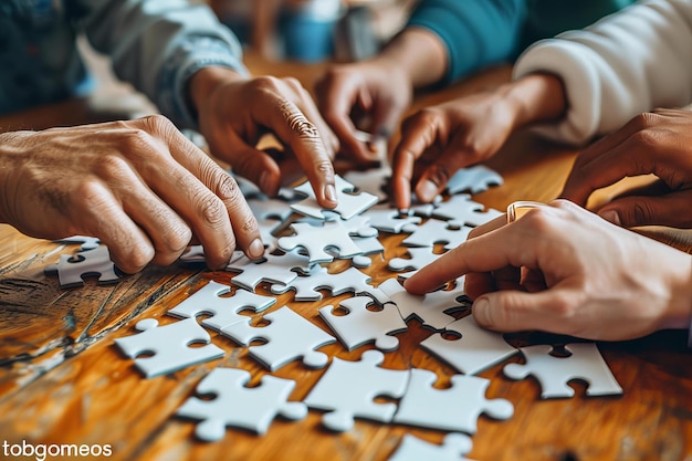 Group of people solving jigsaw puzzle on table