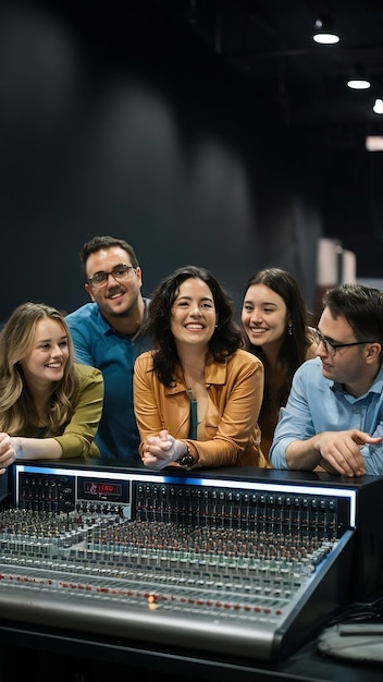 Group of people at a sound mixer station