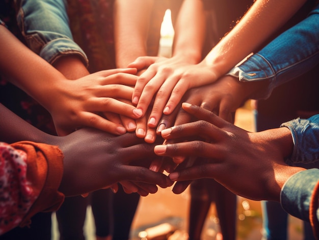 Group of people stacking hands together