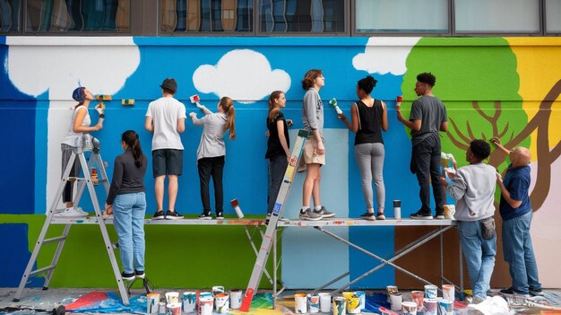 Photo a group of people on a stage with a wall painted with the word  paint  on it