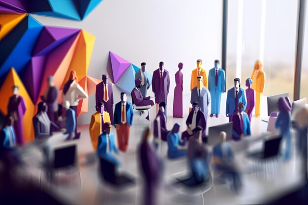 A group of people stand around a desk with a colorful paper sculpture of a group of people.