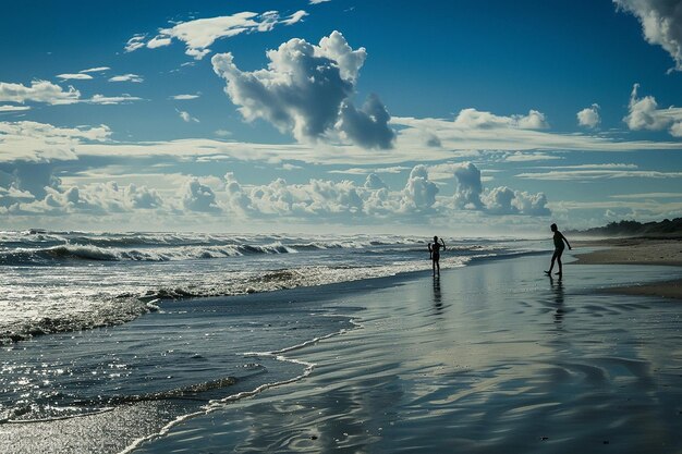 Photo a group of people stand on a beach and look at the ocean