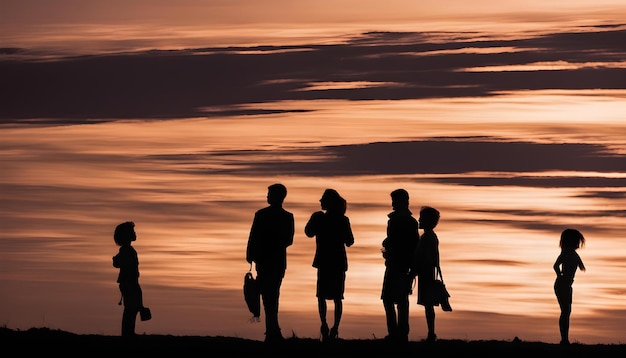 a group of people stand on a beach with the sunset behind them