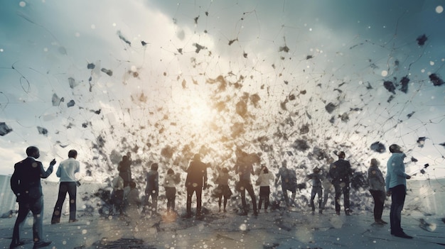 A group of people stand in a field of black rocks and the sky is cloudy.