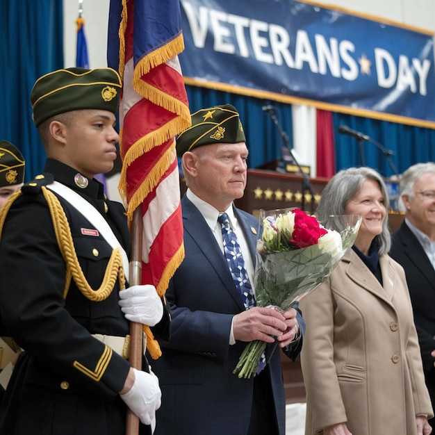 Photo a group of people stand in front of a banner that says quot veteran day quot