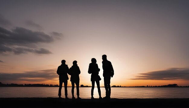 a group of people stand in front of a body of water with the sun setting behind them