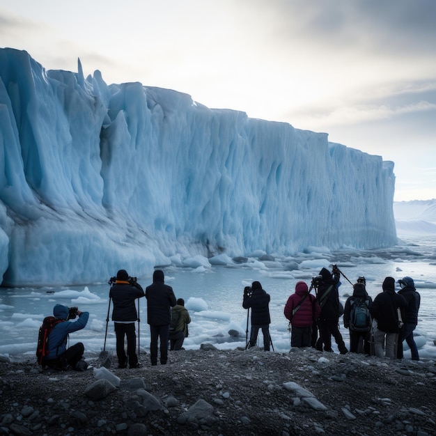 a group of people stand in front of a iceberg that has ice on it.