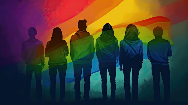 A group of people stand in front of a rainbow background.