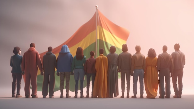 A group of people stand in front of a rainbow flag.