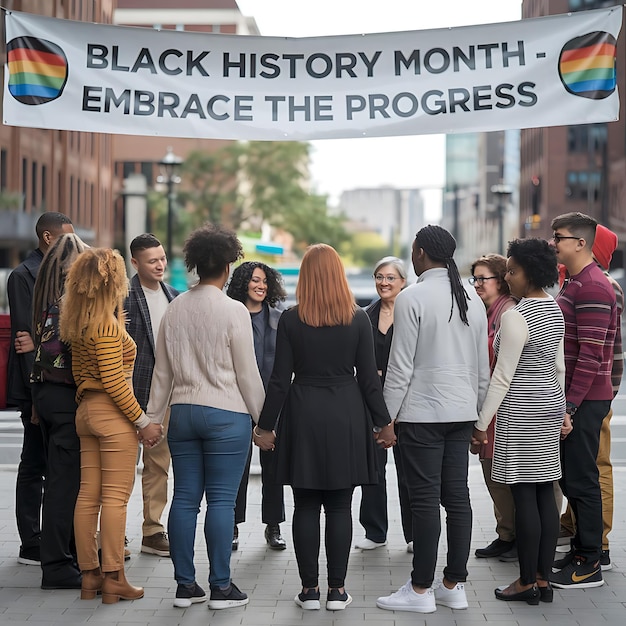 Photo a group of people stand in front of a sign that says black friday the death of the death