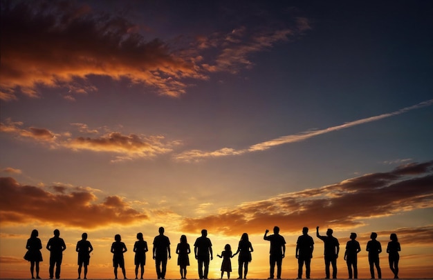 a group of people stand in front of a sunset sky