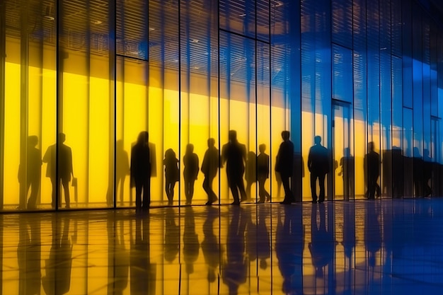 A group of people stand in front of a wall that has a yellow light on it.