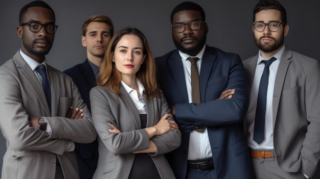 A group of people stand in a group, one of them is wearing a suit and the other is wearing a tie.