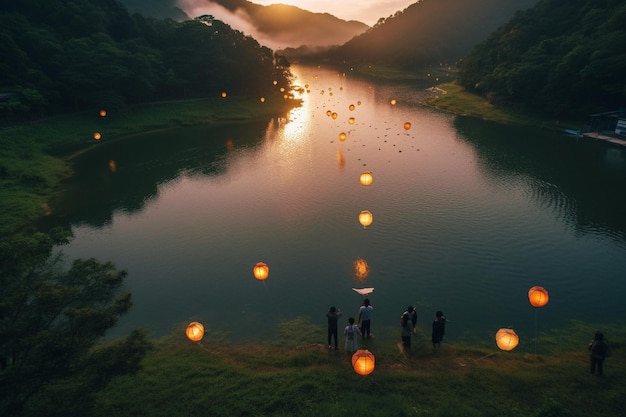 A group of people stand on a hill in front of a lake with lanterns floating in the water.