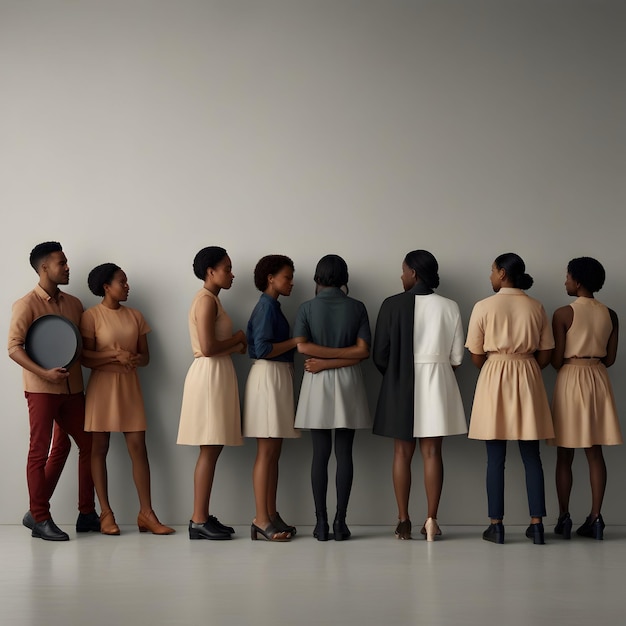 a group of people stand in a line with one holding a drum