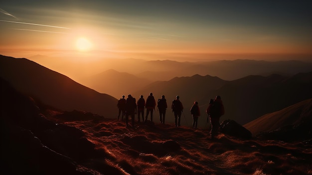 A group of people stand on a mountain top looking at the sunset.