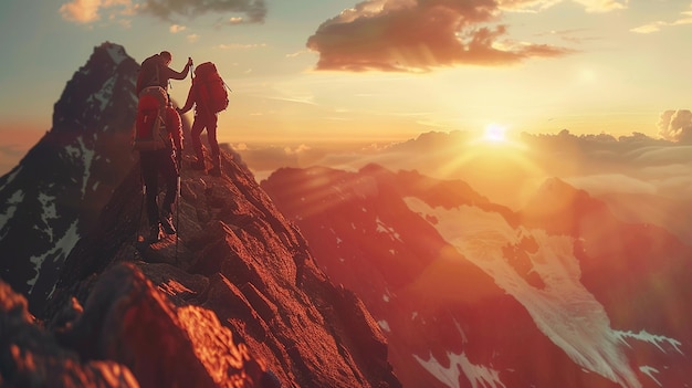 a group of people stand on a mountain top with the sun behind them