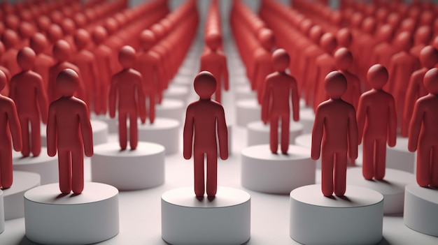 A group of people stand on a pedestal, one of them is red.