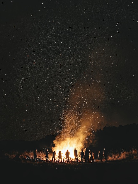 Photo a group of people stand in silhouette around a roaring bonfire its flames reaching towards a s