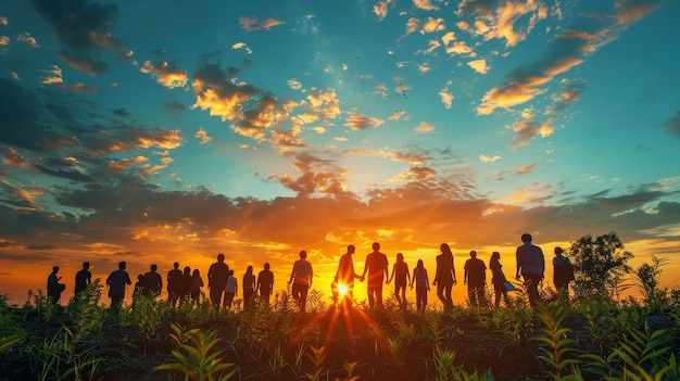 A group of people stand together on a hill and watch the sunset