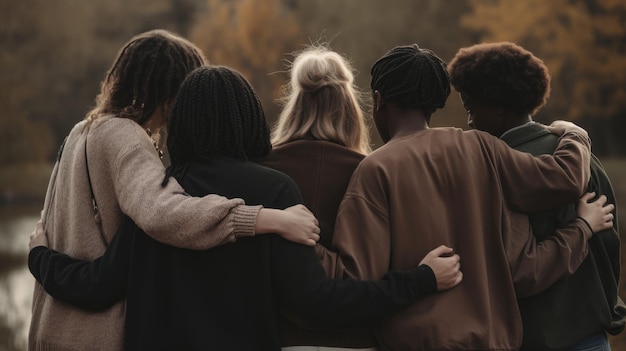 A group of people stand together, one of them has her arms around her.