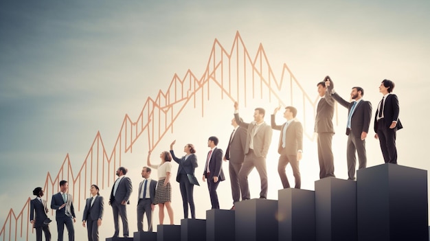 A group of people stand on top of a chart that says'a'down arrow '