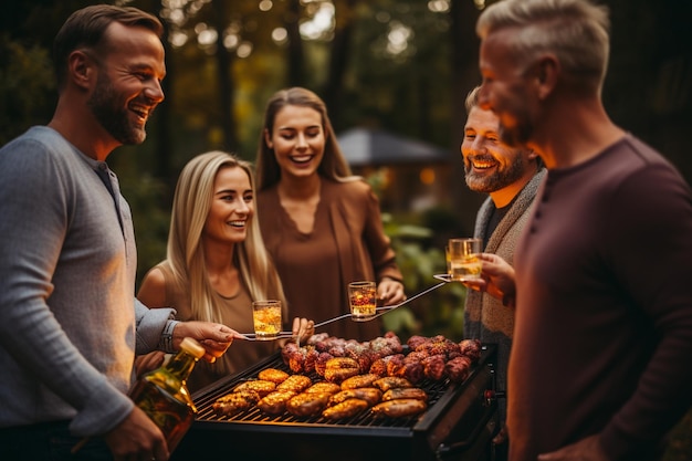 A group of people standing around a bbq grill